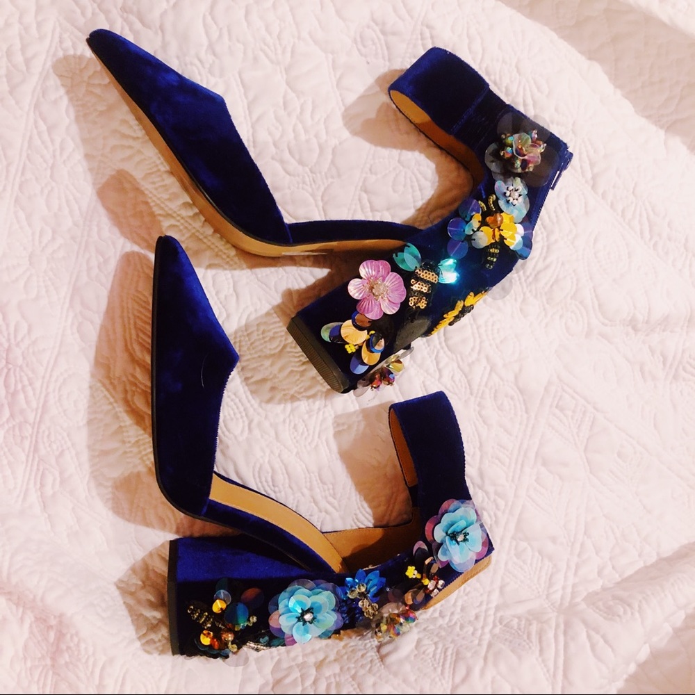 Embellished blue velvet heels